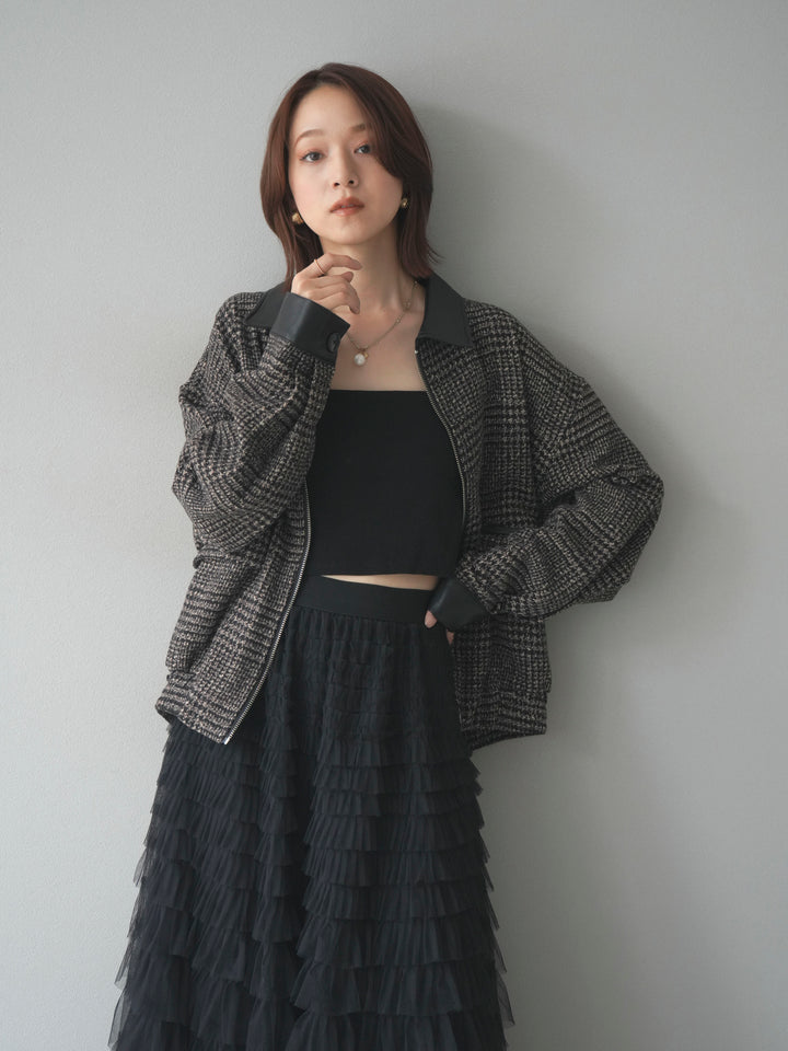 [予約]レザー襟ミックスツイードジャケット/brown