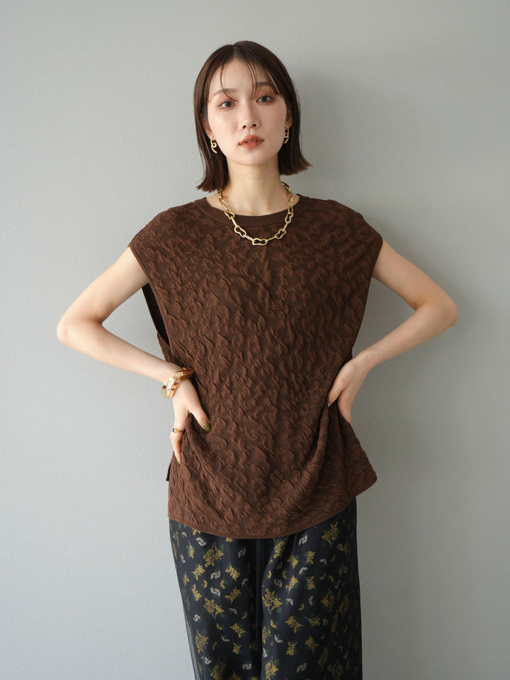 [SET]ポコポコノースリーブニットプルオーバー+コード刺繍チュールレイヤードパンツ(2set)