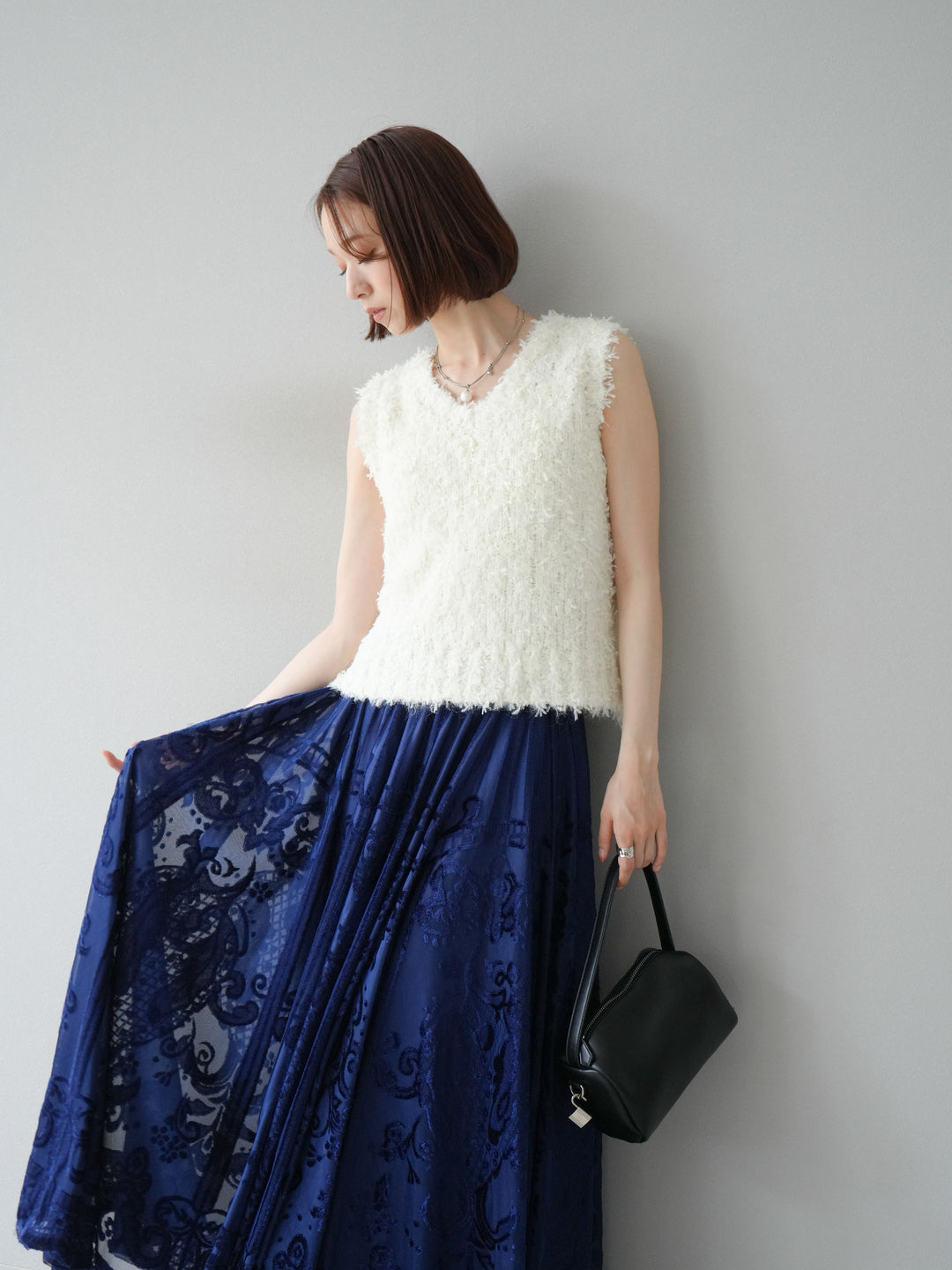 [予約]テープヤーンフリンジニットベスト/アイボリー