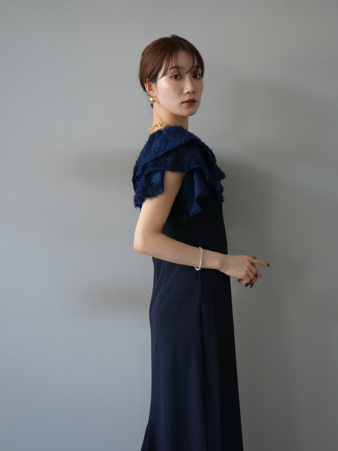 [予約]ジャガードフレアスリーブドレス/ネイビー