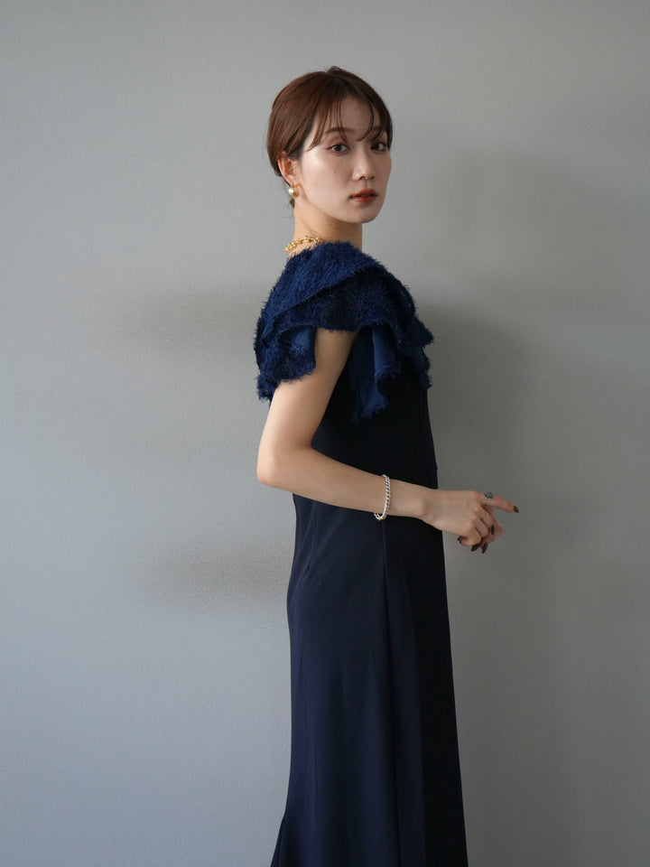 [予約]ジャガードフレアスリーブドレス/ネイビー