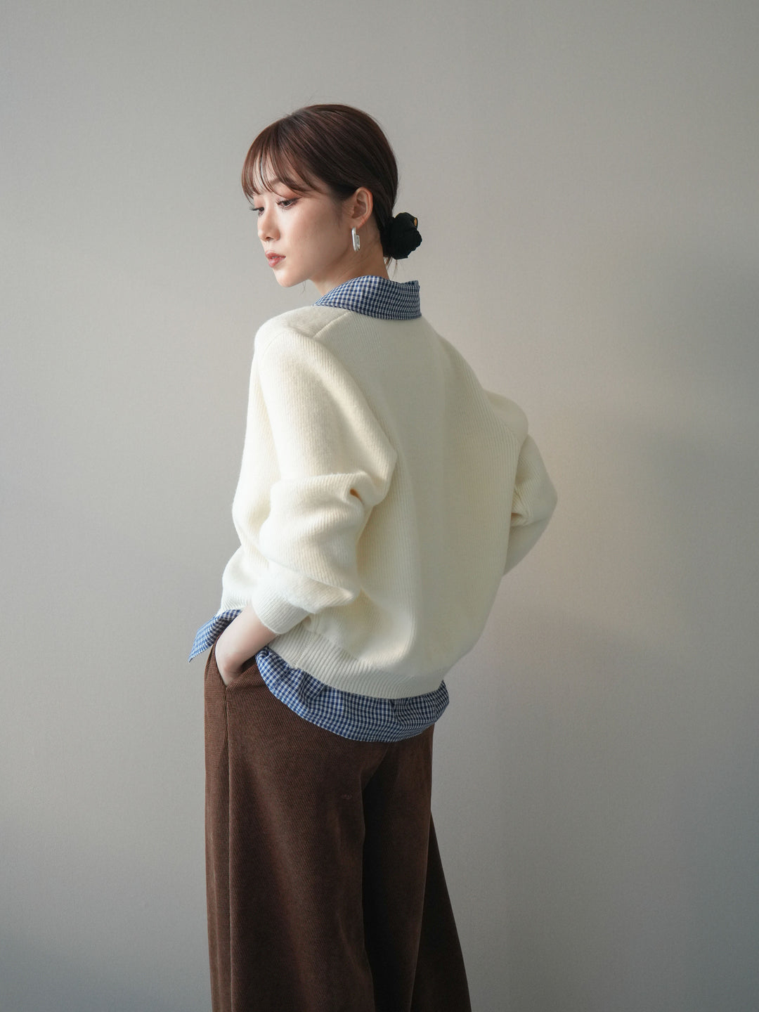 [予約]チェックシャツ襟ニットカーディガン/beige