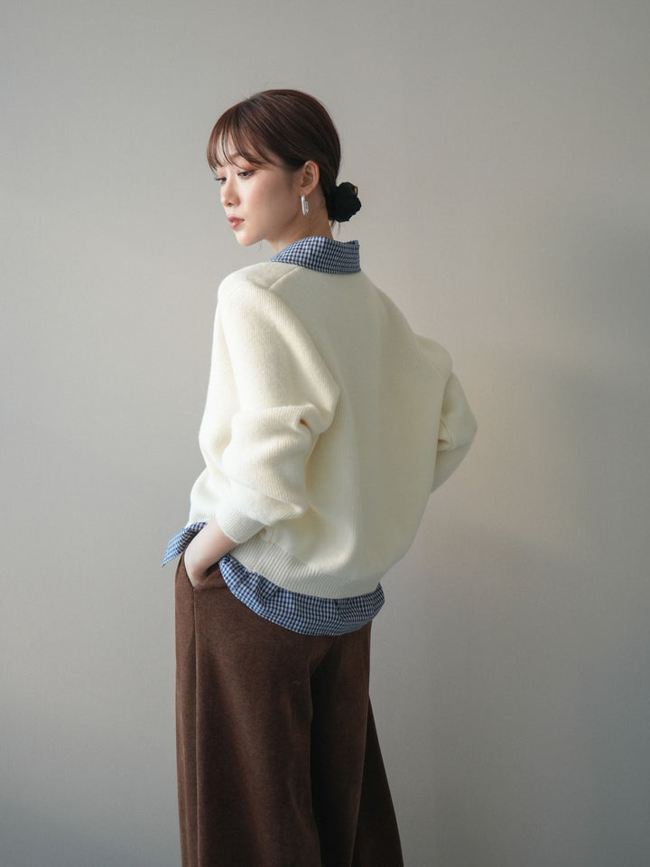 [予約]チェックシャツ襟ニットカーディガン/beige