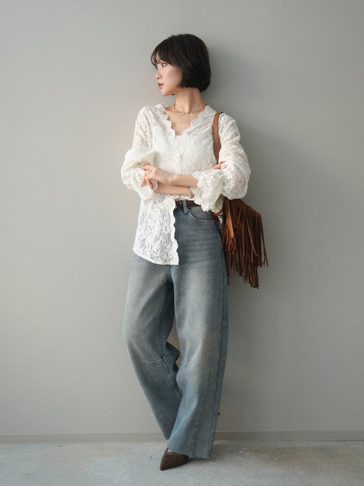 [SET]Vネックレースブラウス+裏起毛カットオフカーブデニムパンツ(2set)