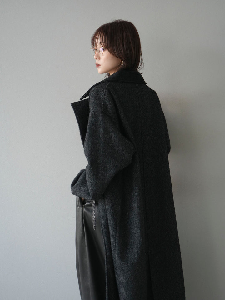 [予約]ネップヘリンボーンレザー襟チェスターコート/black