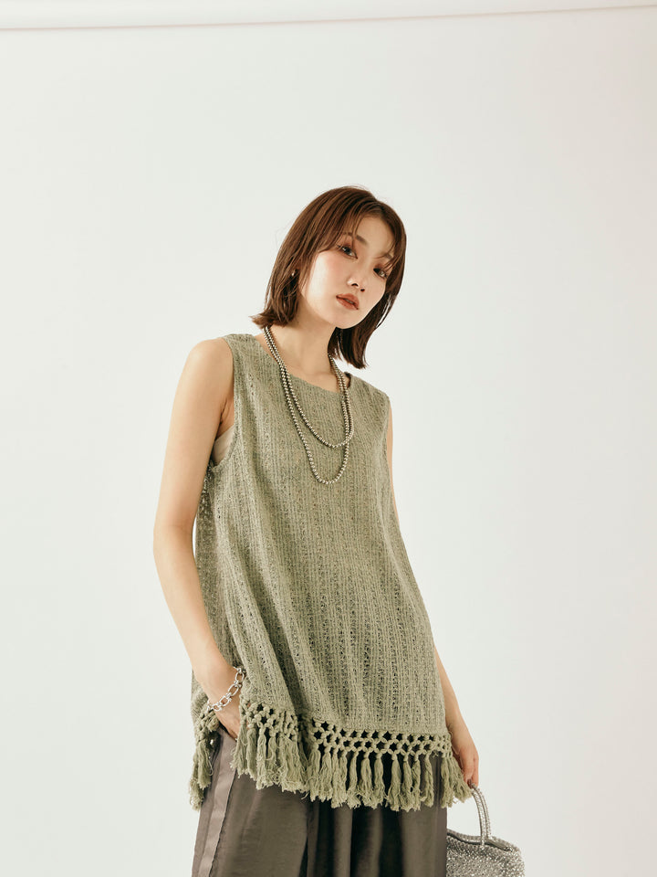 [予約]フリンジ透かし編みニットベスト/カーキ