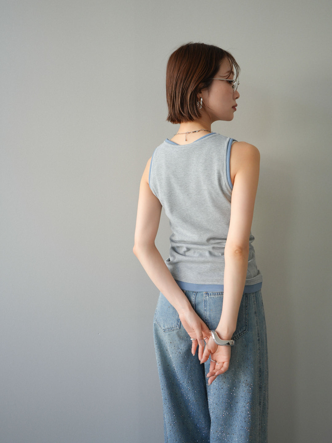 [SET]配色リブヘンリータンクトップ+ウエストベルトビジューワイドデニムパンツ(2set)