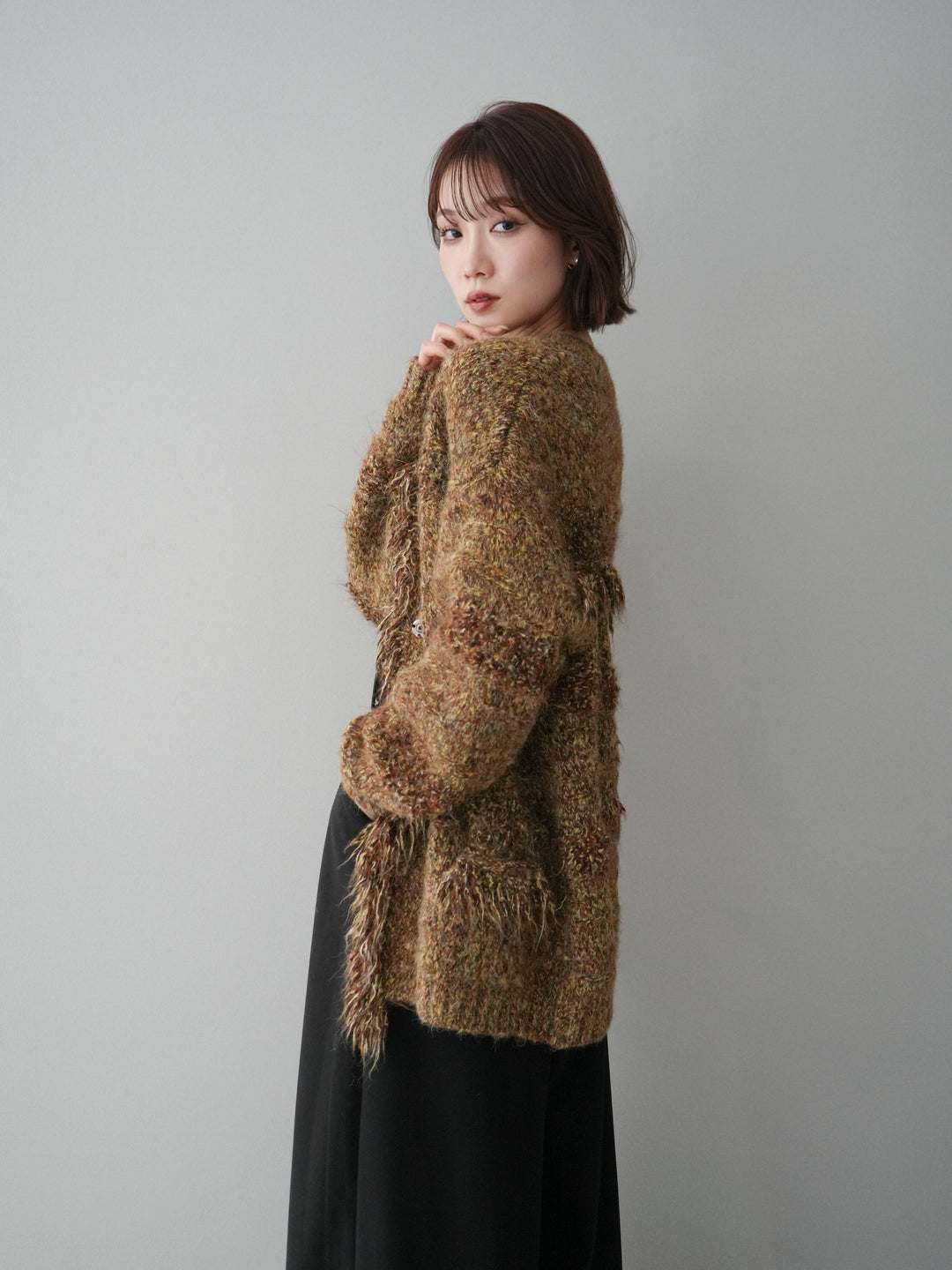 [SET]ミックスヤーンフリンジデザインニットジャケット+ストーンフォークリング(2set)