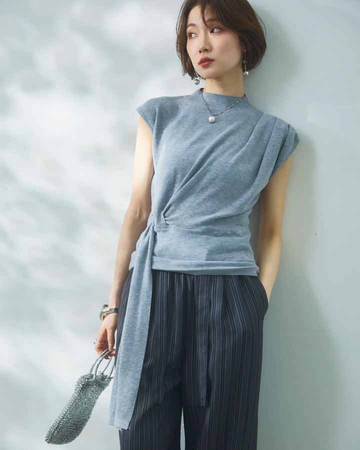 [予約]サイドベルトボトルネックノースリーブニットトップス/gray