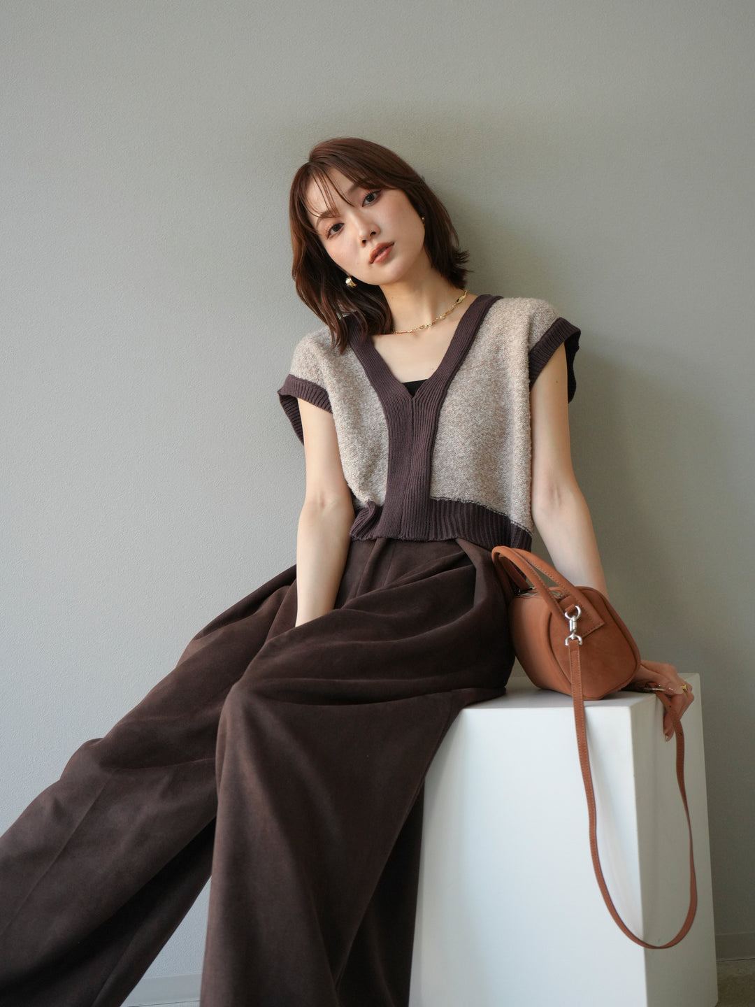 [予約]ブークレバイカラーニットベスト/ベージュ