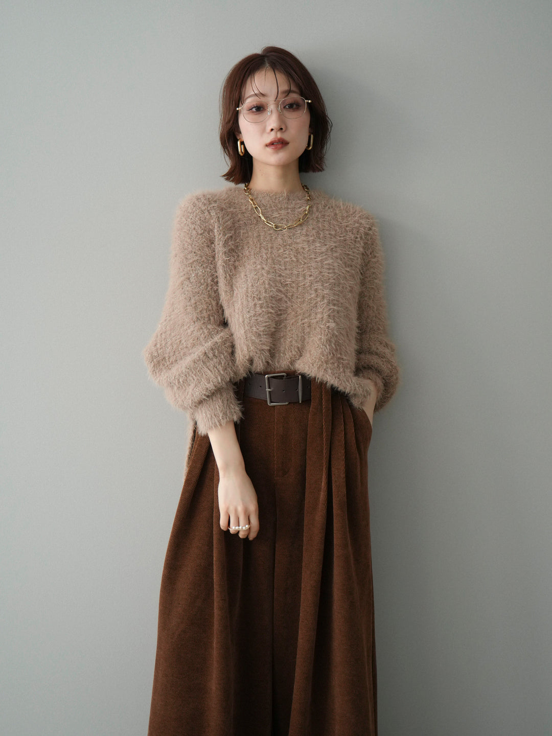 [予約]ボリュームスリーブシャギー MIXニットプルオーバー/brown