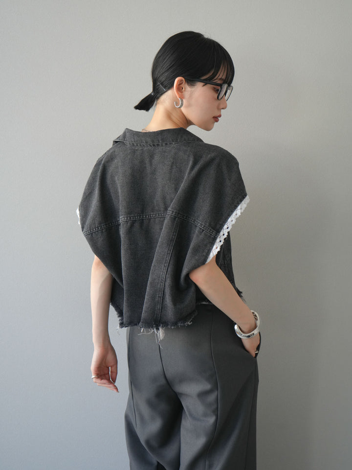 [予約]袖レースダメージデニムショートジャケット/ブラック