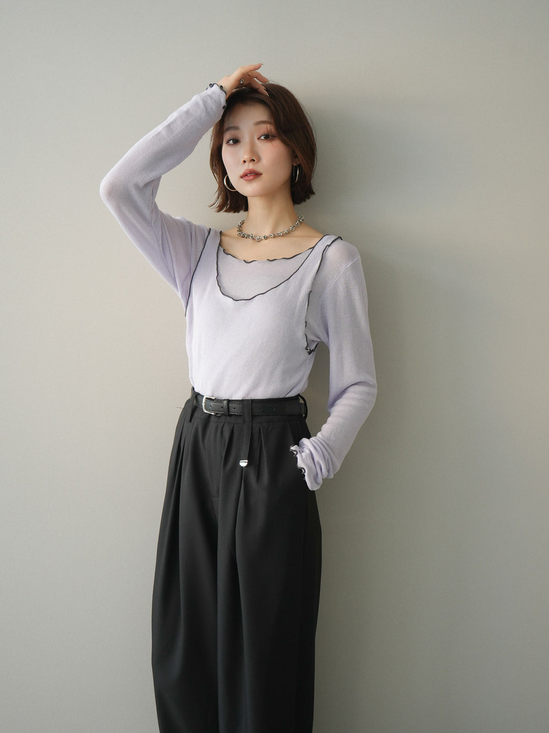 [SET]バイカラーメローアンサンブルシアーニットトップス+選べるアクセセット(2set)