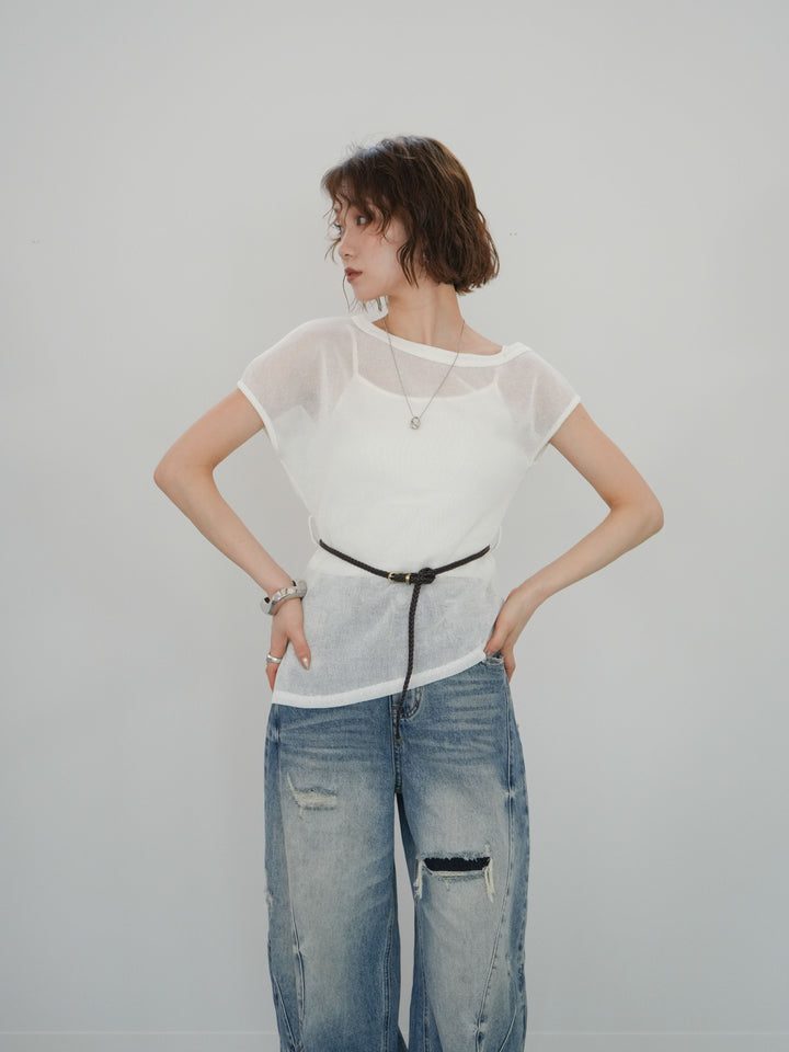 [予約]ベルト付アシメシアーニットトップス/white