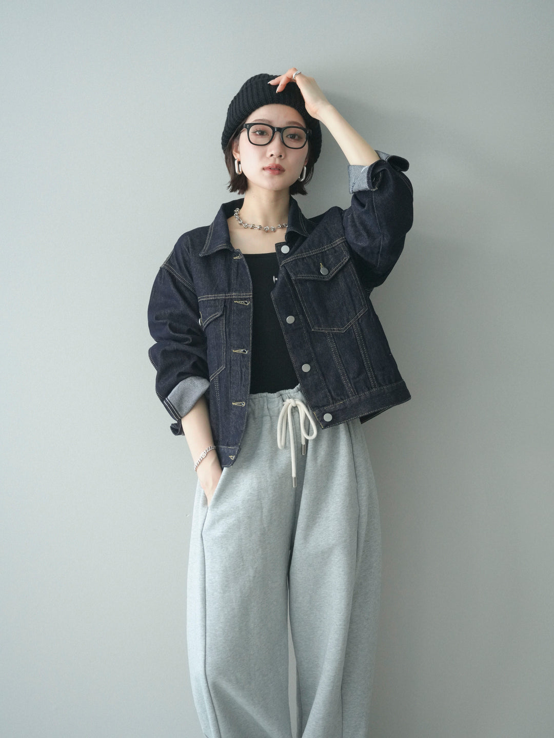 [予約]配色ステッチデニムジャケット/darkblue