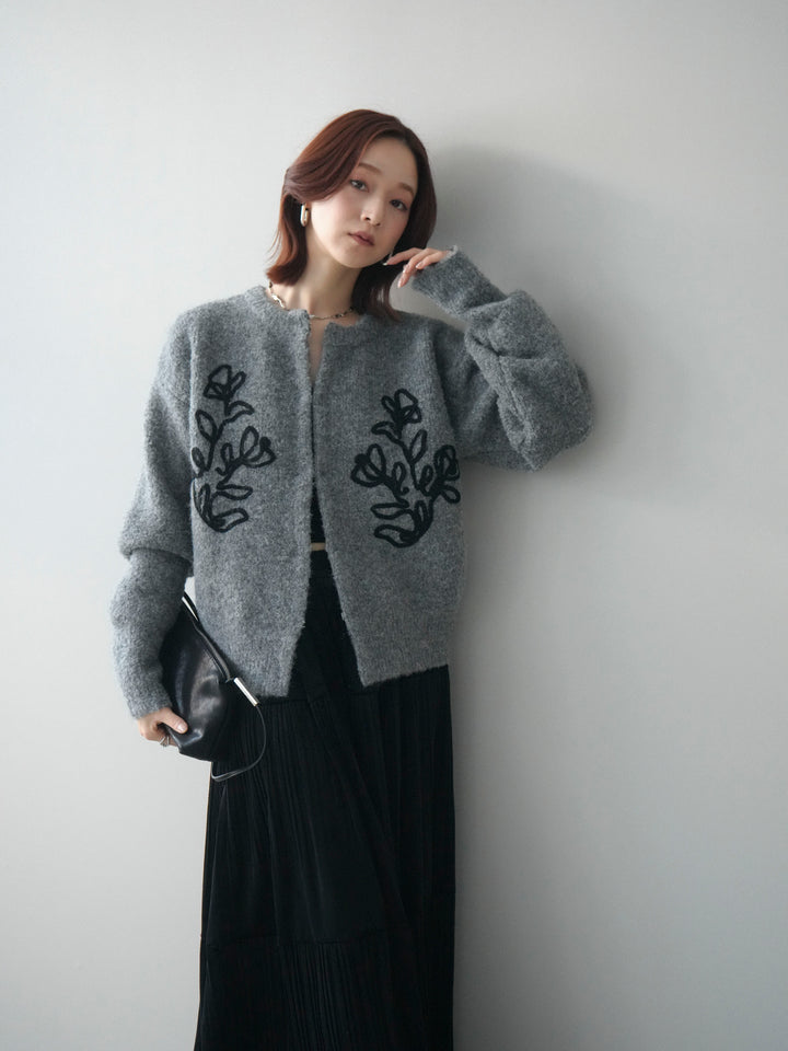 [SET]テープ刺繍ホック開きブークレニットカーディガン+ベロアティアードワッシャースカート(2set)