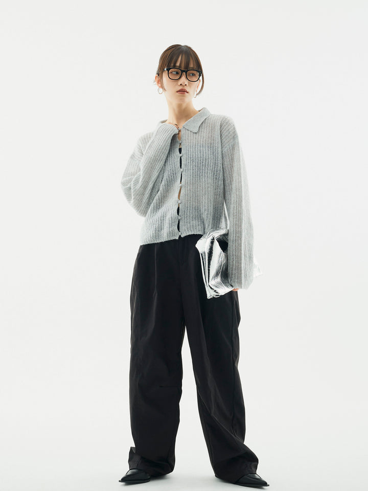 【Allure】[SET]起毛片畦編みシアーポロニット+タフタワイドカーブパンツ(2set)