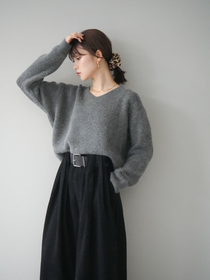[予約]シュシュ付きアンゴラタッチVネックニットプルオーバー/gray