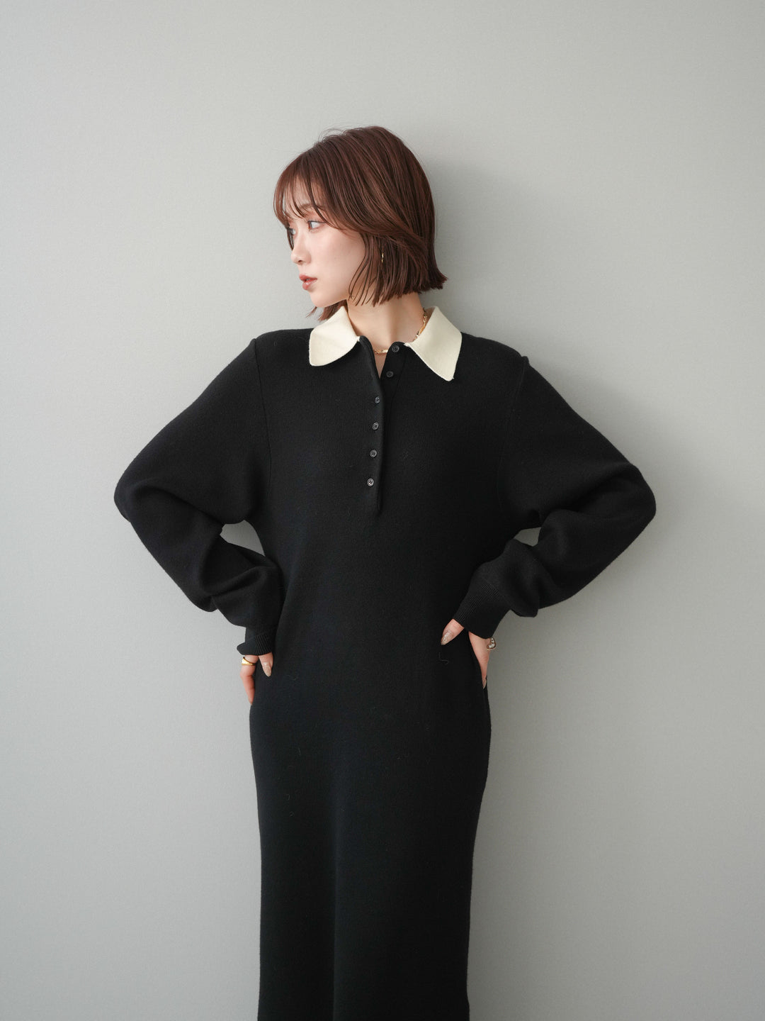 [予約]配色ポロニットワンピース/black