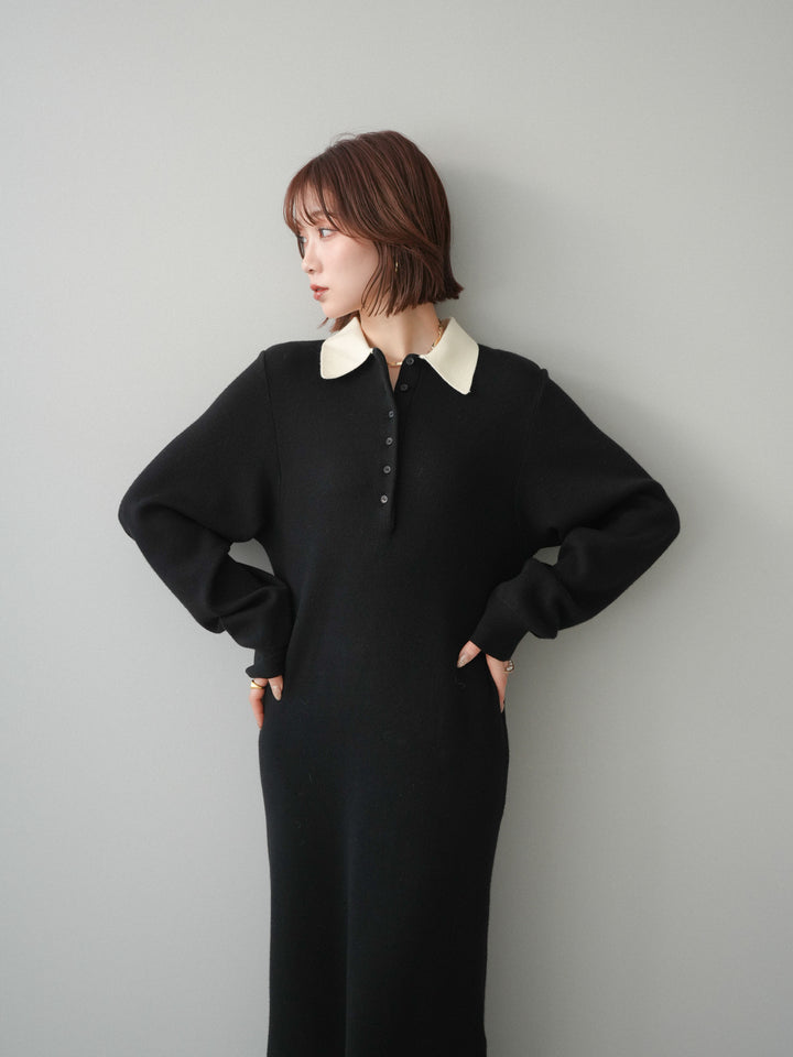 [予約]配色ポロニットワンピース/black