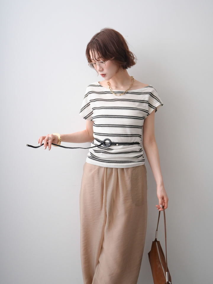 [予約]ベルト付透かし編みアシメボーダーニットトップス/white