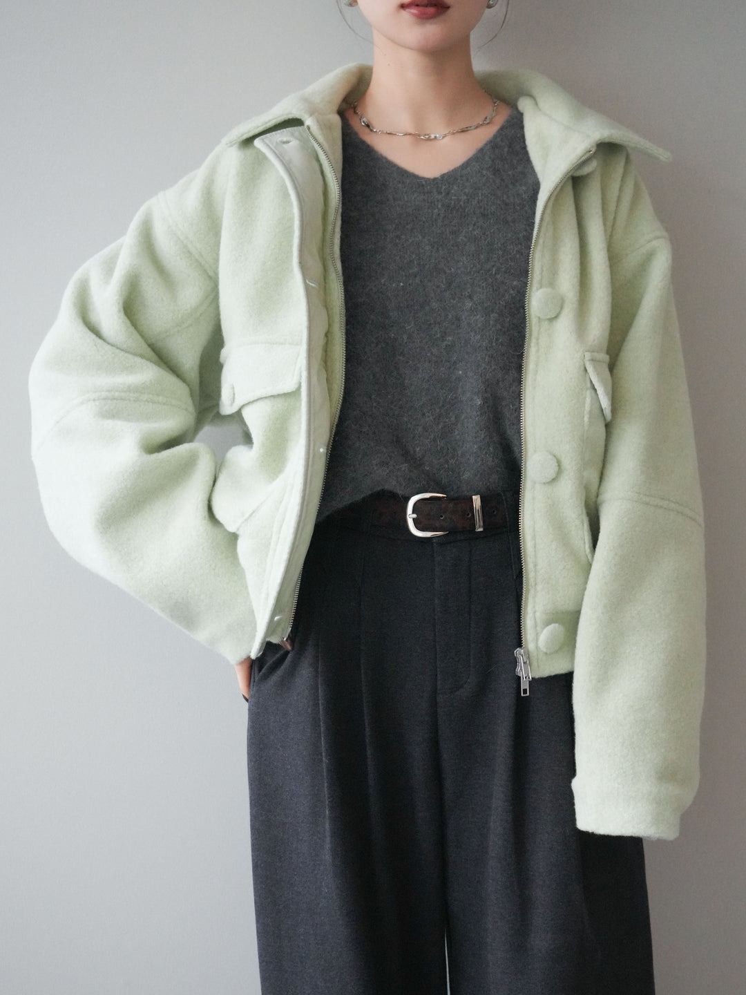 [SET]ウールライクフライトジャケット+シュシュ付きアンゴラタッチVネックニットプルオーバー(2set)