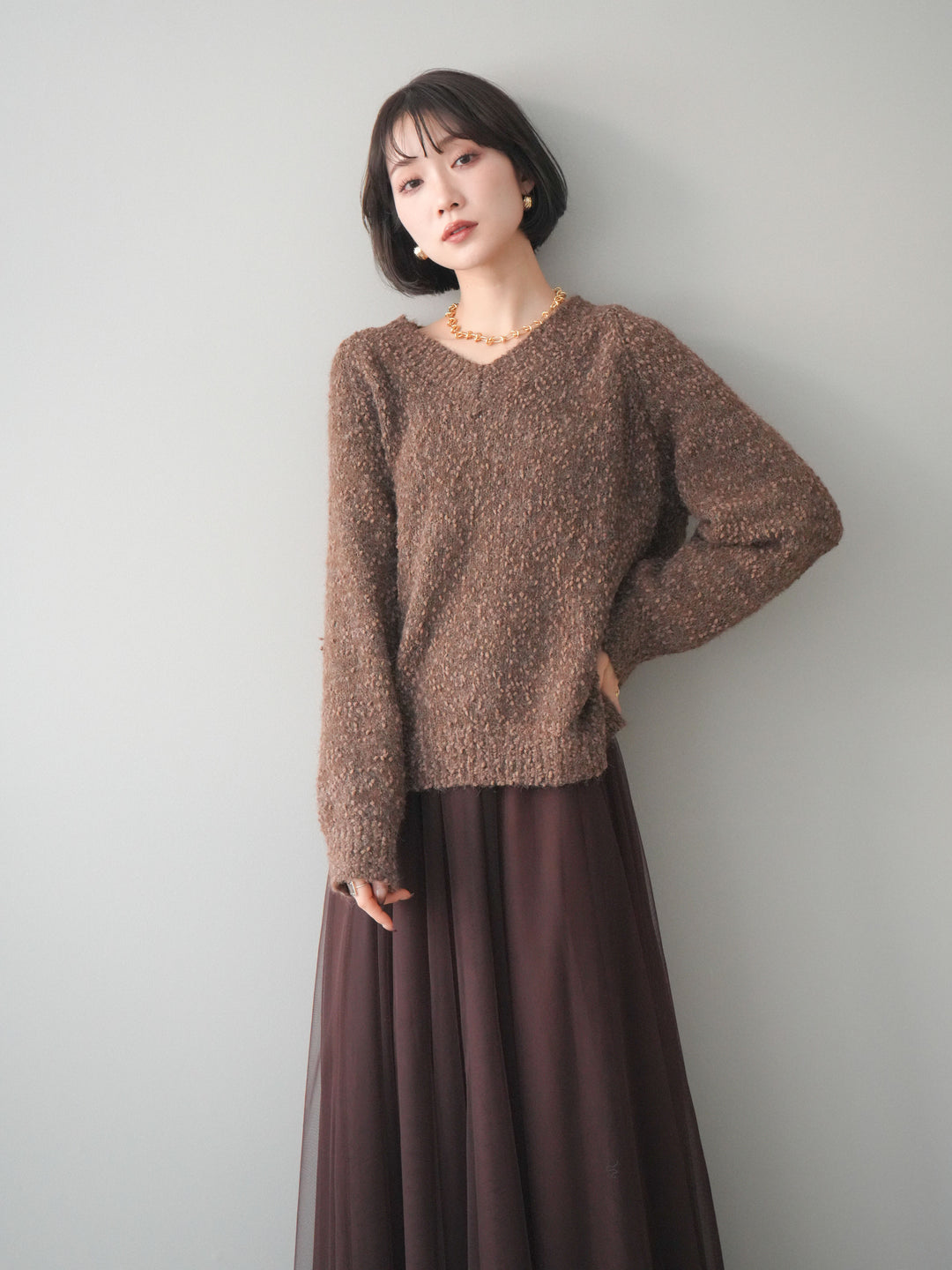 [SET]Vネックスラブニットプルオーバー+選べるアクセセット(2set)