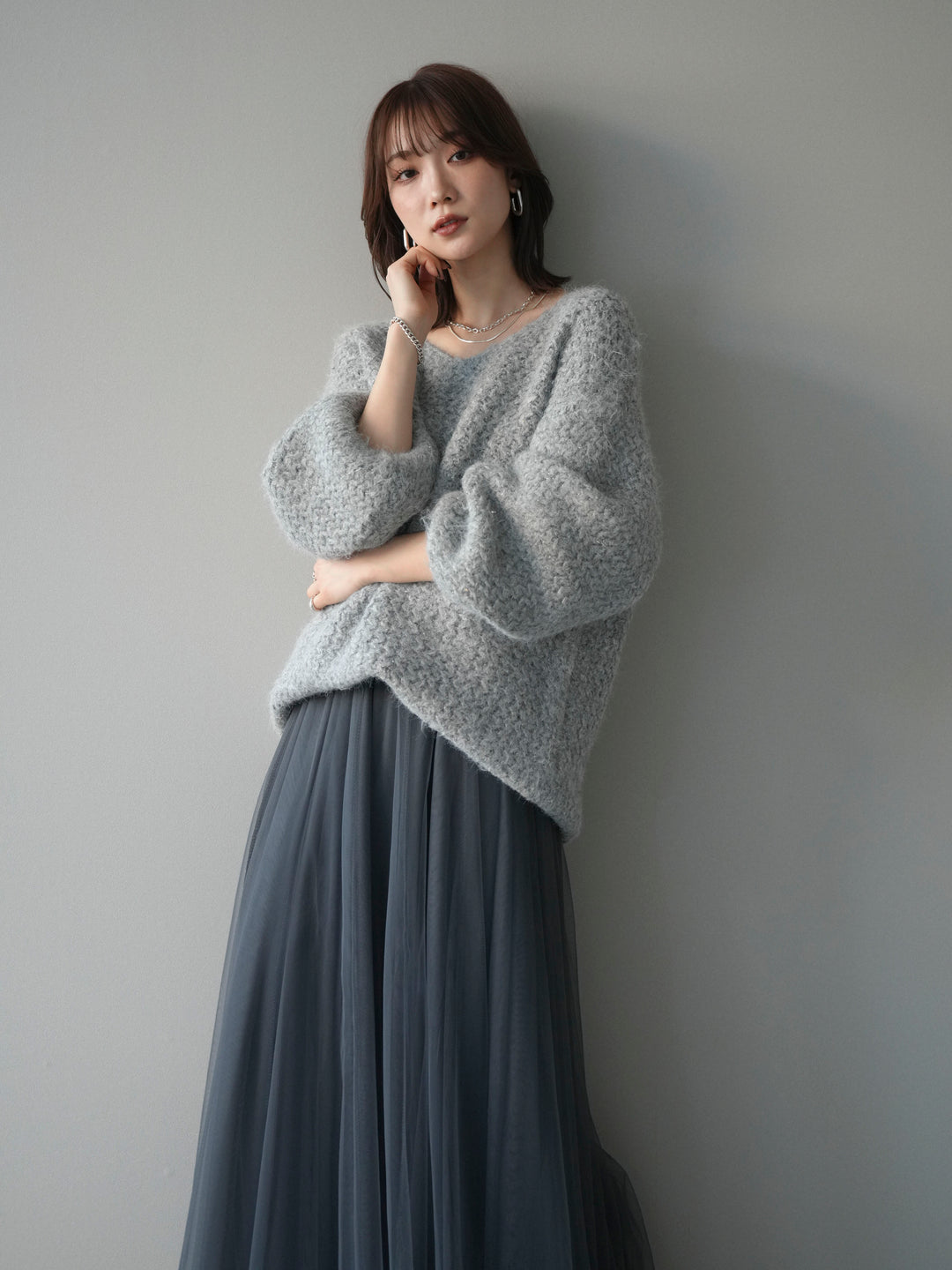 [予約]ウールタッチラメミックスヤーンVネックニットプルオーバー/lightgray