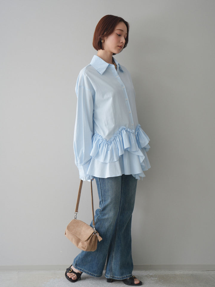 [SET]ラッフルデザインティアードブラウス+ハイウエストフレアデニムパンツ(2set)