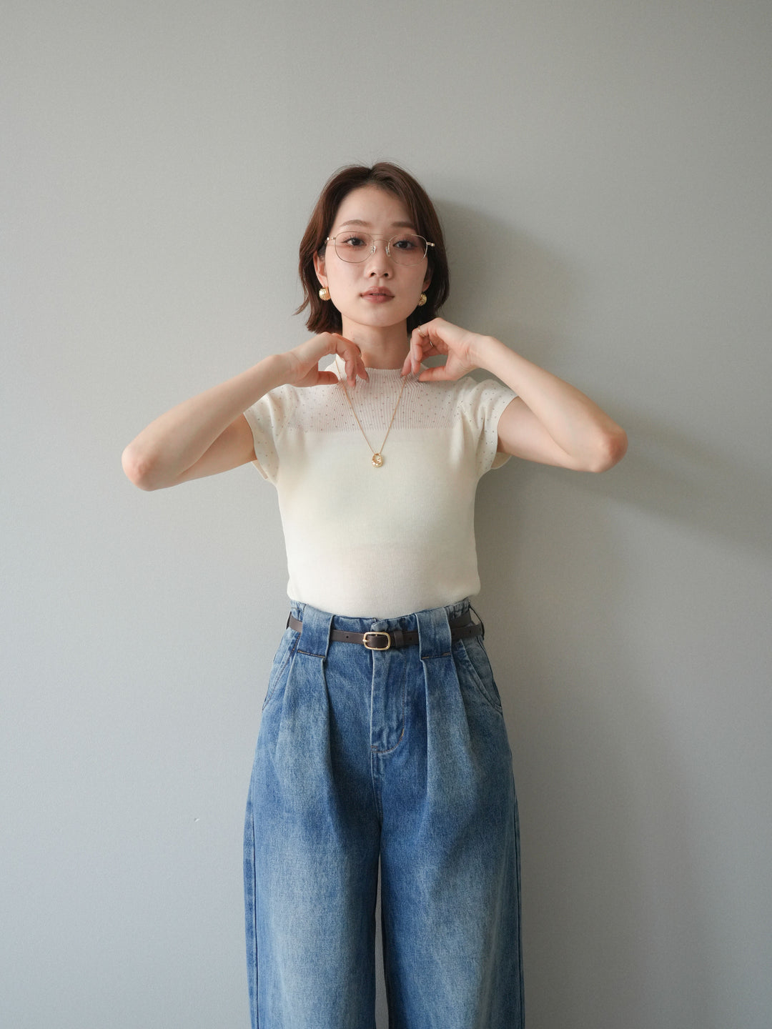 [SET]ビジューシアーフレンチニット+選べるアクセセット(2set)