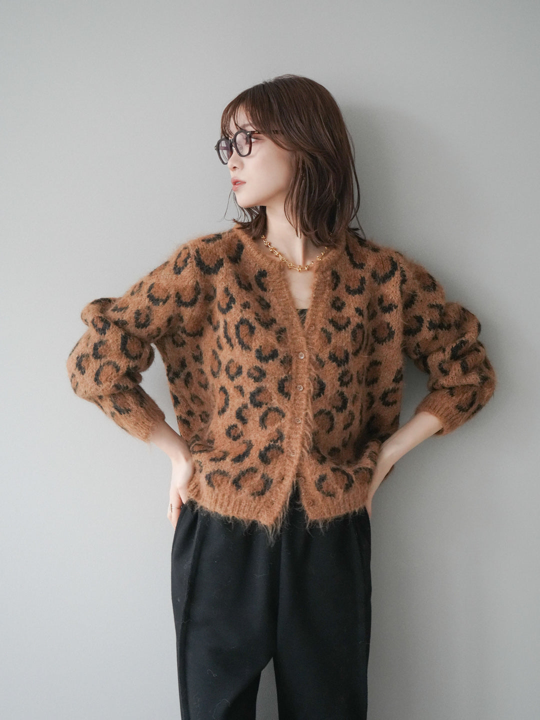 [予約]モヘアタッチレオパード柄ニットカーディガン/khaki