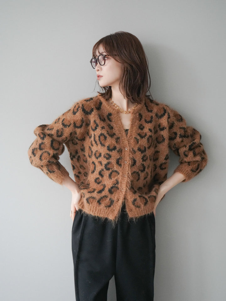 [予約]モヘアタッチレオパード柄ニットカーディガン/khaki