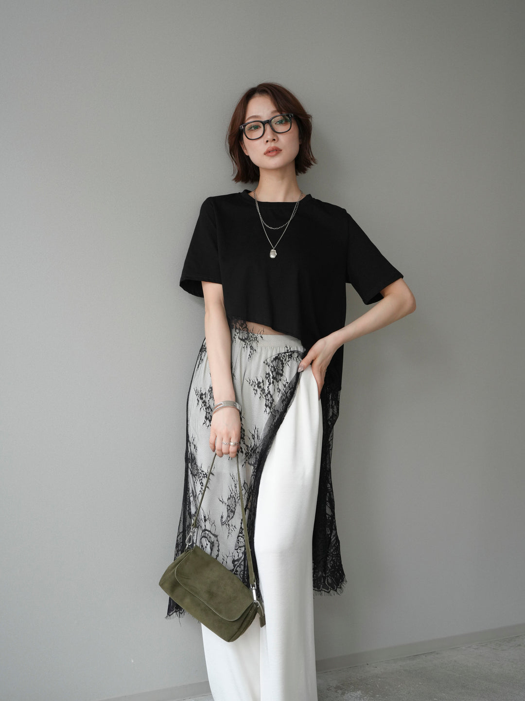 [SET]レースドッキングレイヤードワンピースTEE+とろみサテンイージーパンツ(2set)