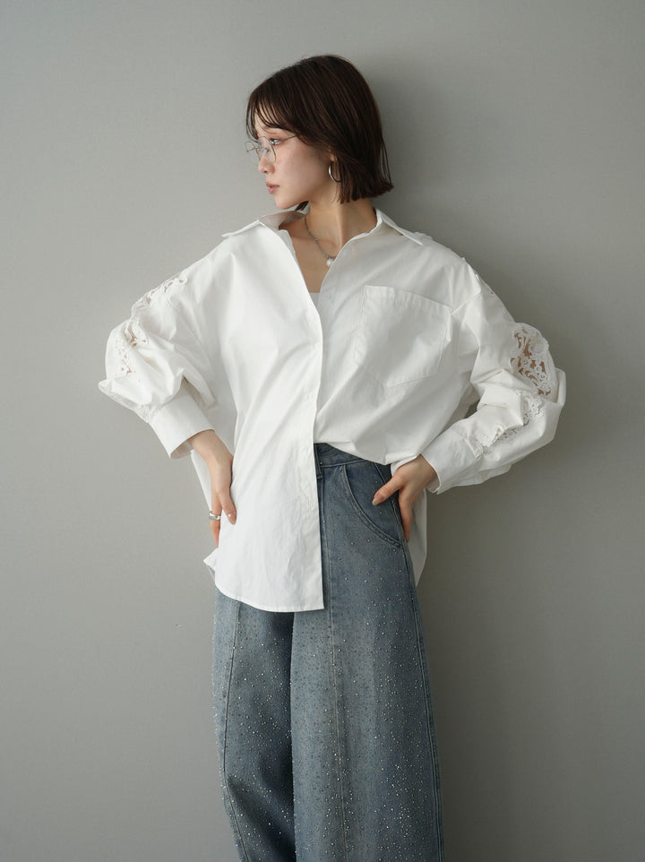 [SET]アームレースブロードシャツ+フロントビジューカーブデニムパンツ(2set)