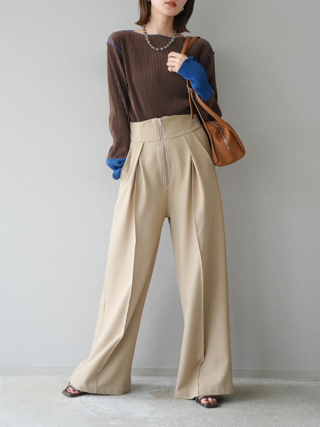 [予約]バイカラープリーツトップス/ブラウン