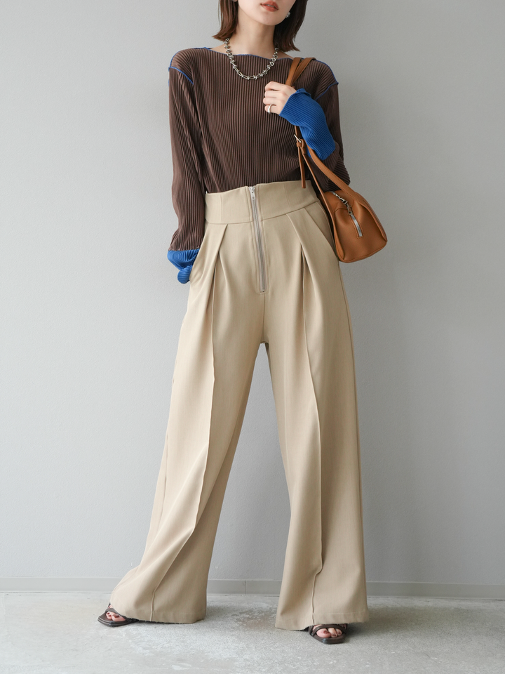 [予約]バイカラープリーツトップス/ブラウン