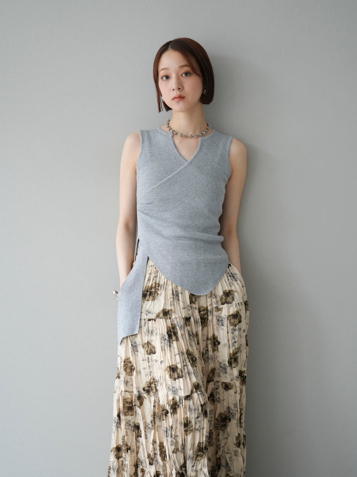 [SET]カシュクールノースリーブニットトップス+フラワーワッシャーロングスカート(2set)