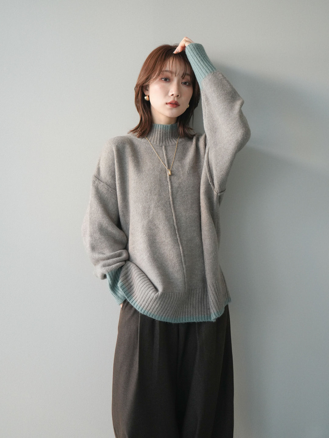 [予約]配色ハイネックニットプルオーバー/mosugraymint