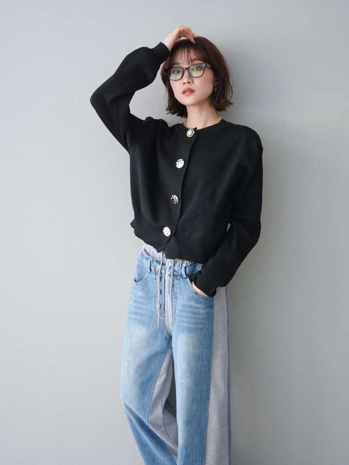 [SET]メタルボタンクルーネックニットカーディガン+デニム切替スウェットパンツ(2set)