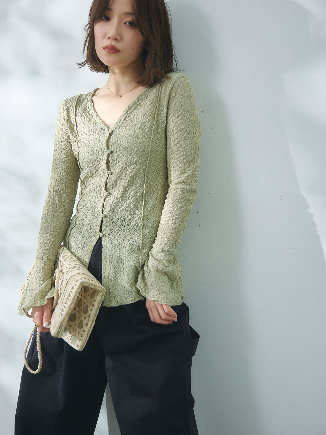 【Allure】[SET]ストレッチレースカーディガン+カットオフコットンツイルタックワイドパンツ(2set)