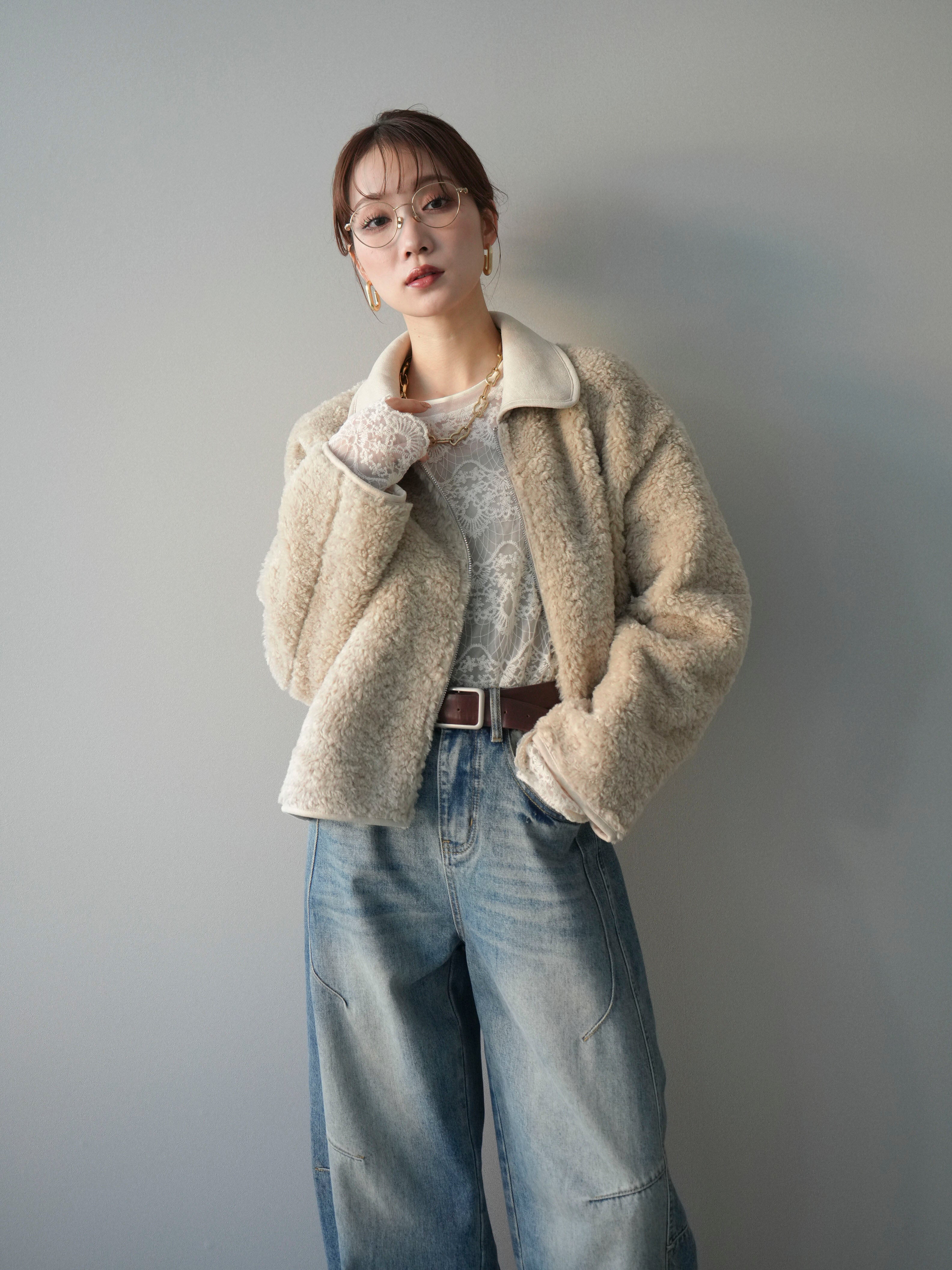 SET]スエード襟ボアショートジャケット+チュールレーストップス(2set