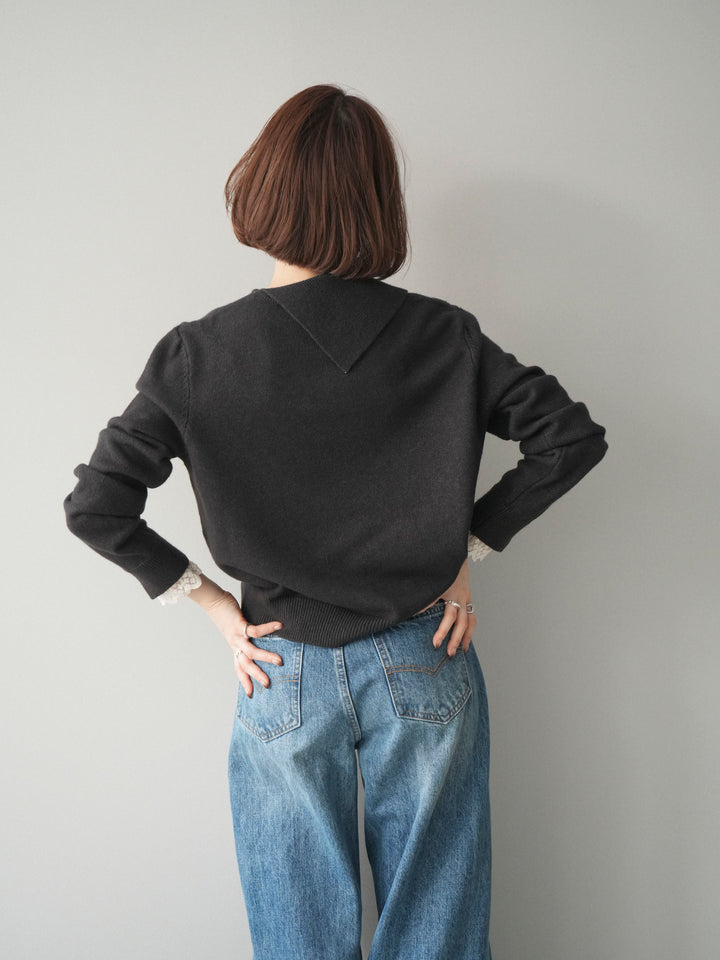 [予約]袖レースパール付き配色ニットトップス/darkbrown