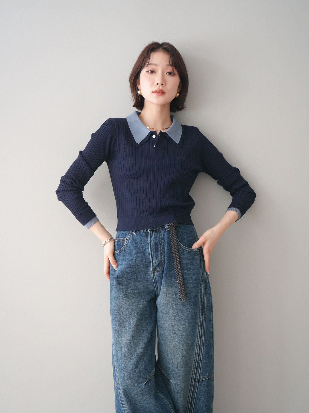 [予約]ダブル襟ポロリブニットトップス/navy