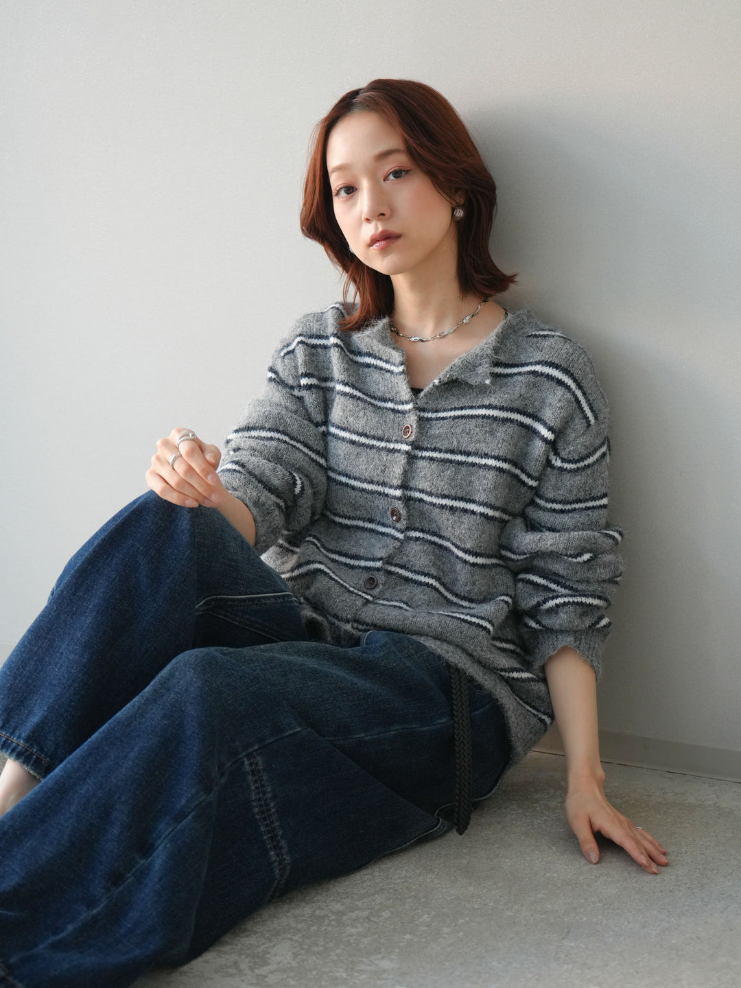 [予約]ボーダーシャギーニットカーディガン/gray