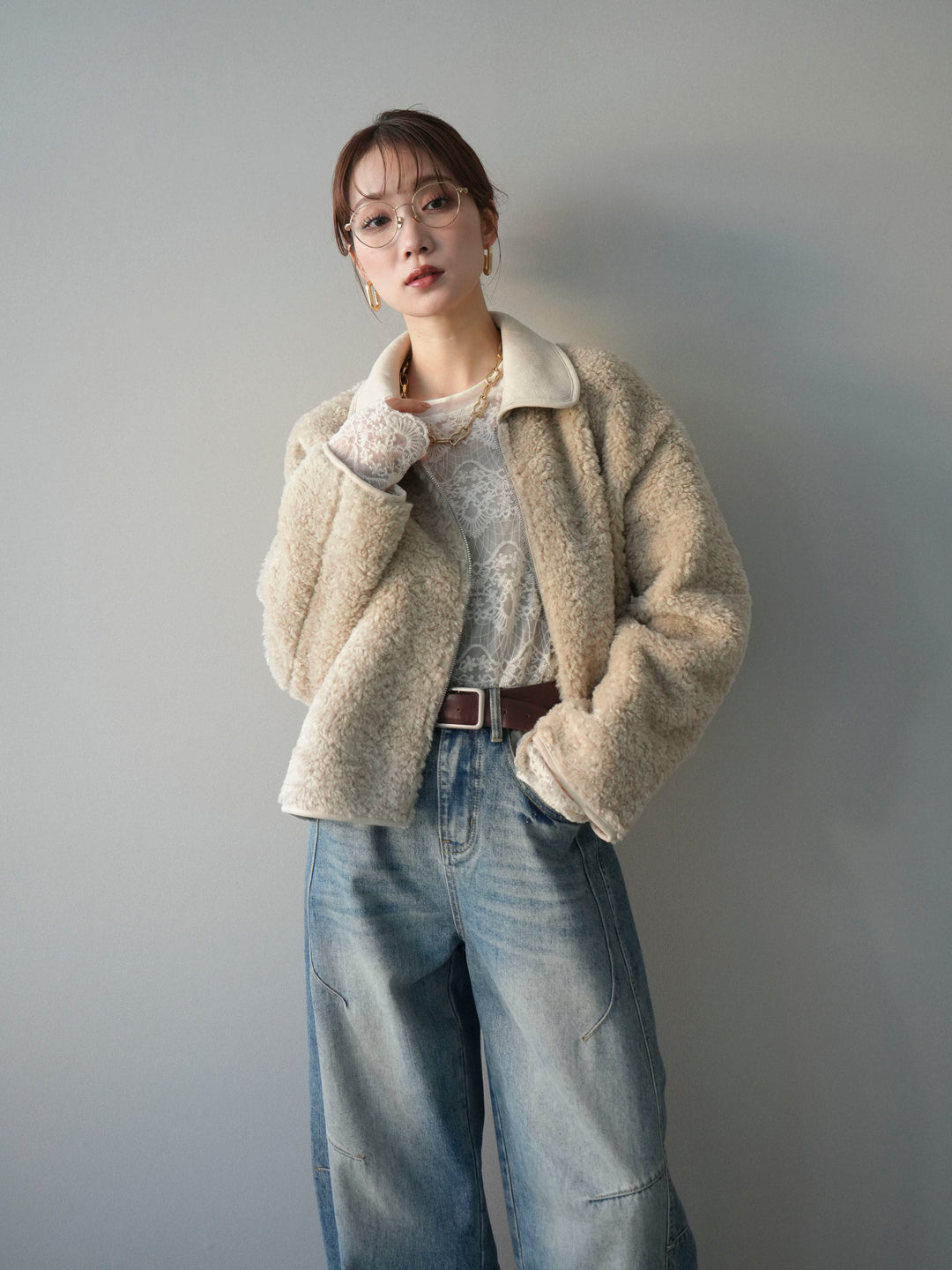 [予約]スエード襟ボアショートジャケット/beige