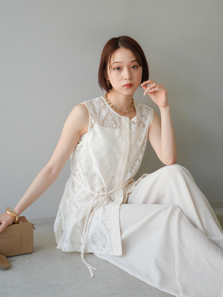 [予約]サテンパイピングレースノースリーブトップス/アイボリー