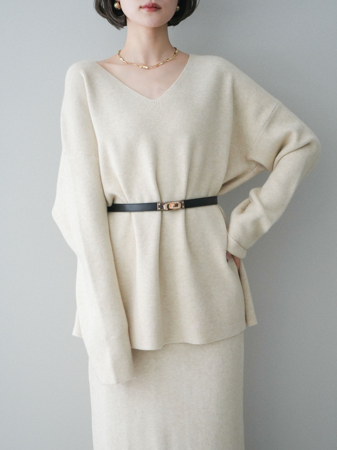 [SET]ベルト付Vネックニット＆スカートSET UP+ベルト付Vネックニット＆スカートSET UP(2set)