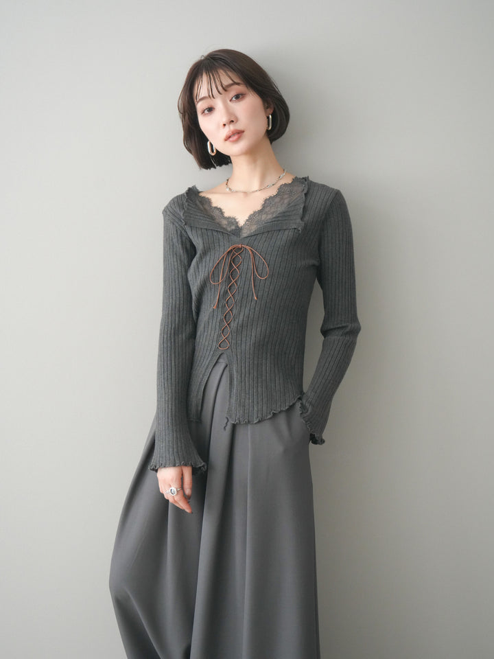 [予約]レースネックレースアップリブニットトップス/gray