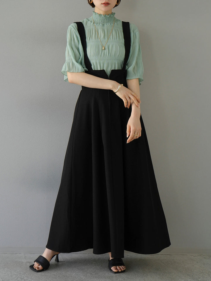 [SET] Shirring chiffon half sleeve blouse + 2WAY flare jumper skirt (2set)