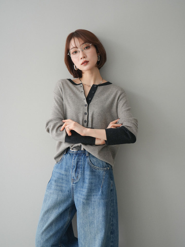 [SET]ヘンリーネック配色ニットソー+選べるアクセセット(2set)